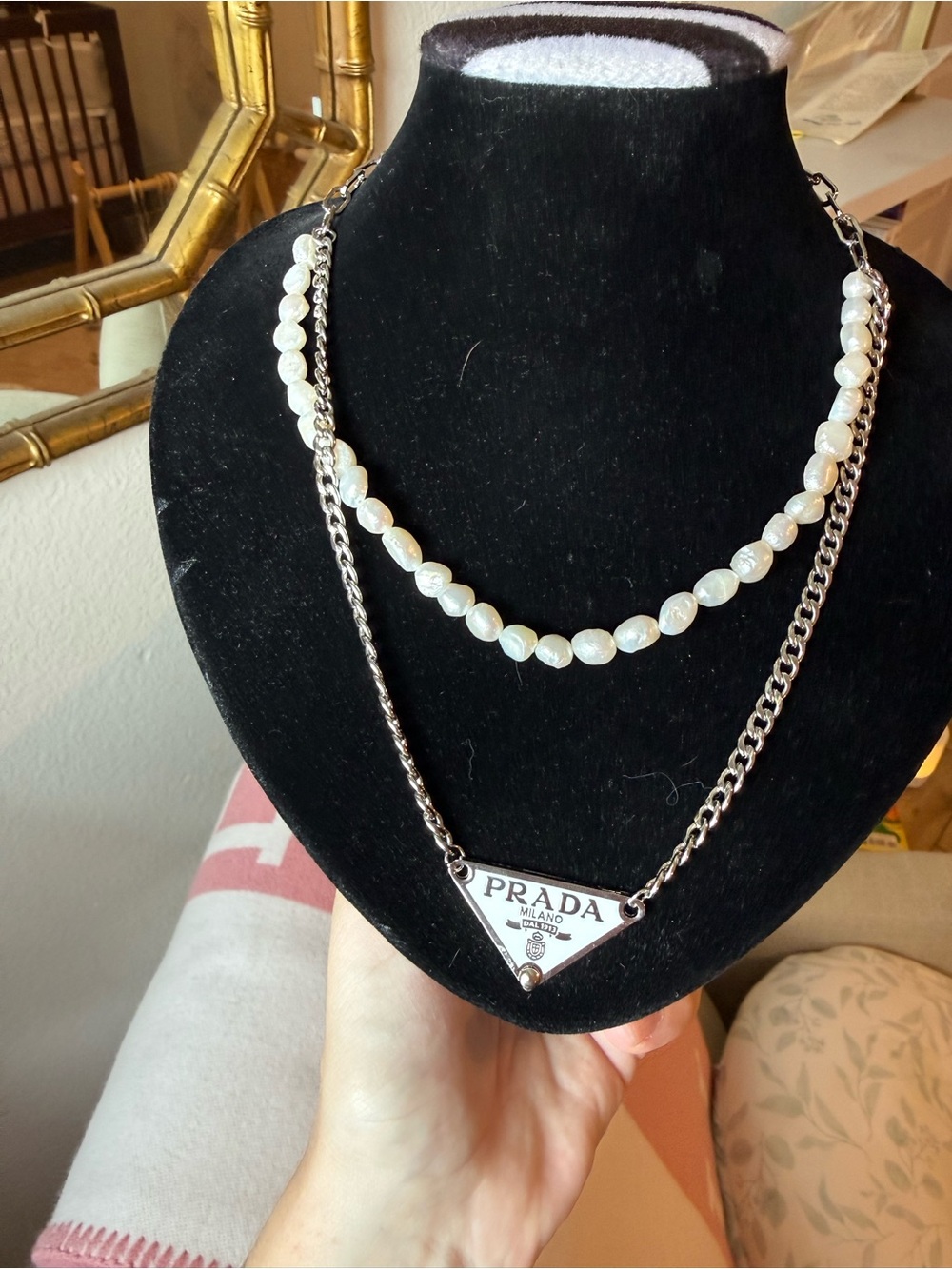 Prada Silver Chain with White Pearl Double Strand Necklace
